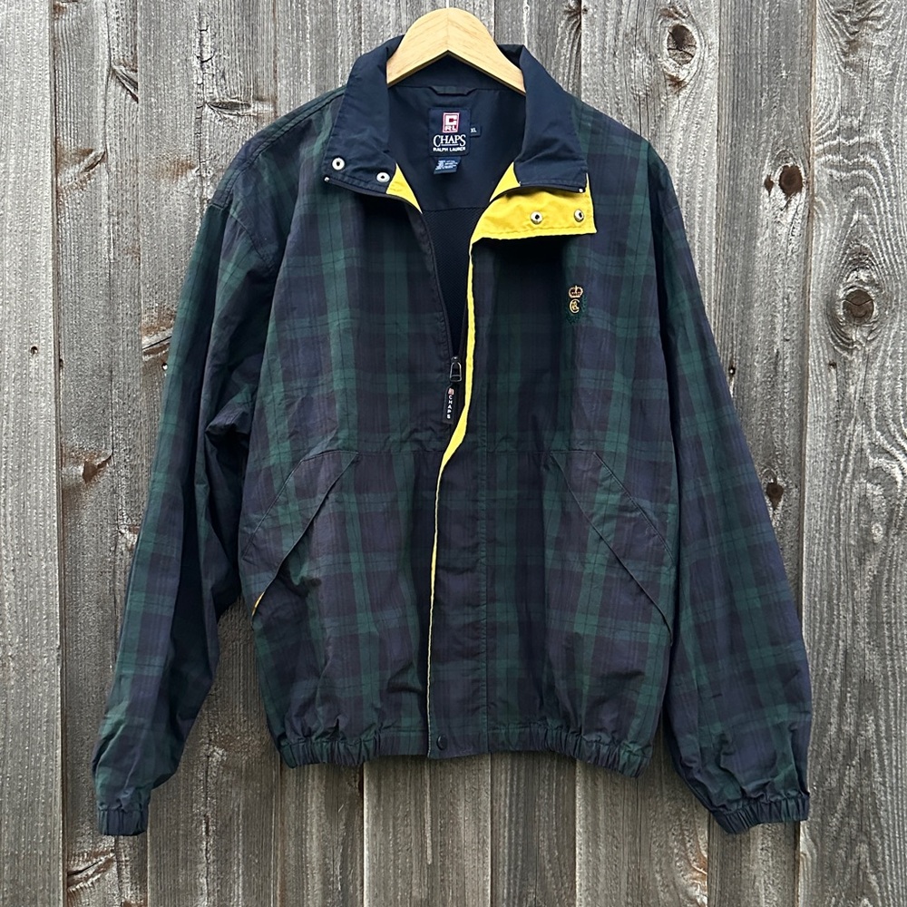 Vintage Chaps Navy and Green Plaid Windbreaker EUC